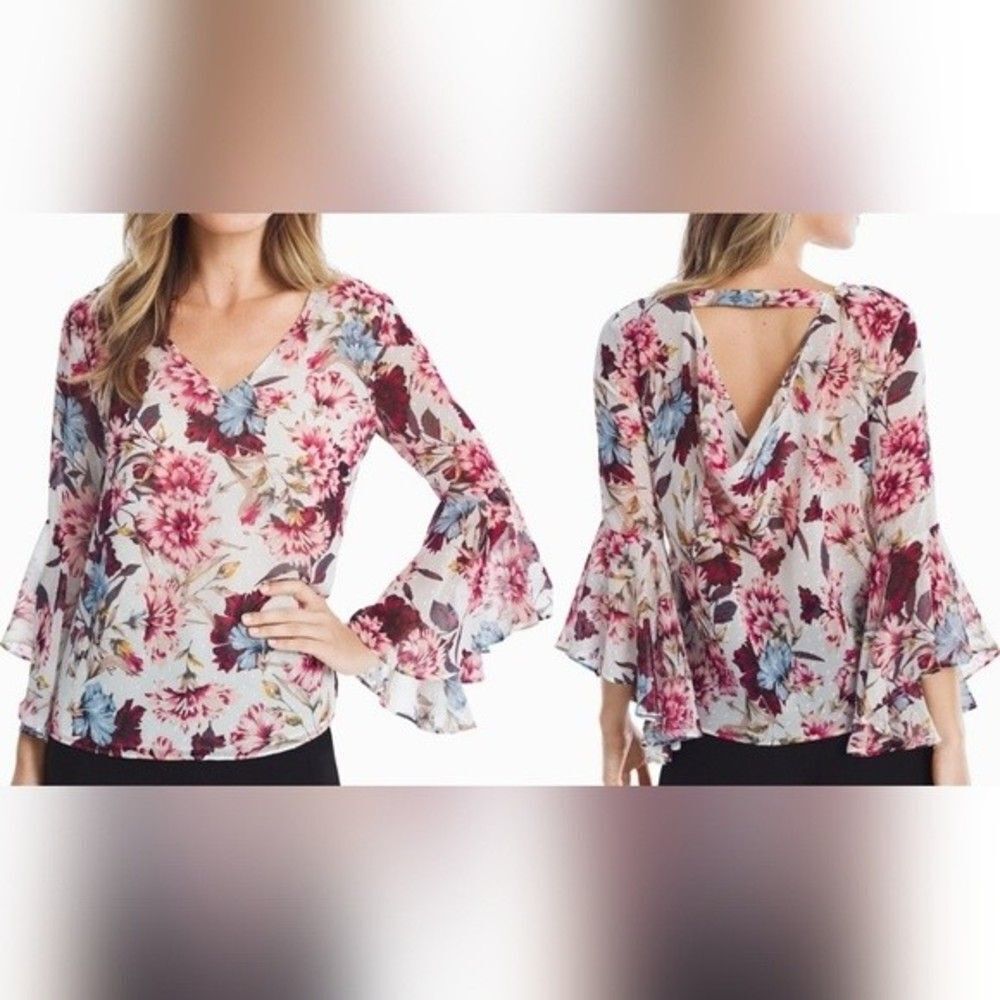 Floral Drape Back Bell Sleeves Blouse WHBM Hippie Boho Festival Top Size 0